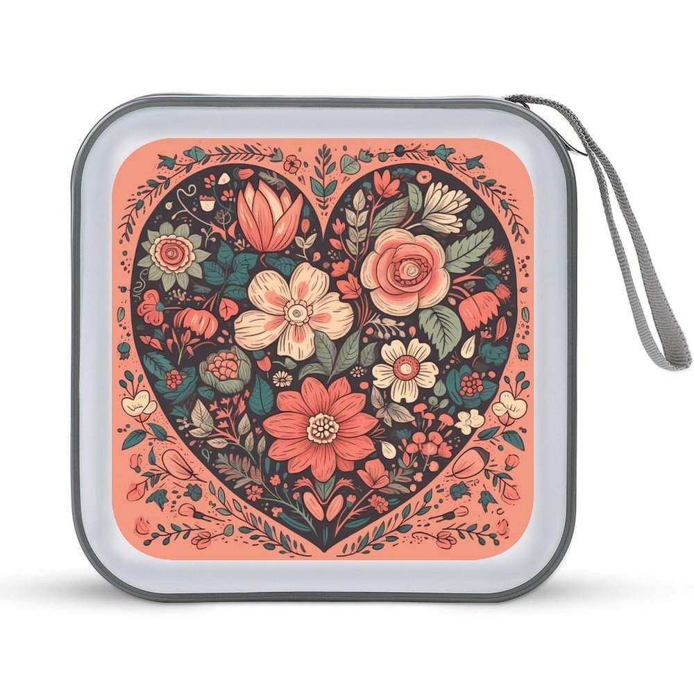 FekiLoot Heart with Flowers CD Case 40 Capacity DVD Case Holder Portable Zipper CD Cases Holder Large Storage Disc Wallet Bag Hard Plastic DVD Cases for Car Home Travel