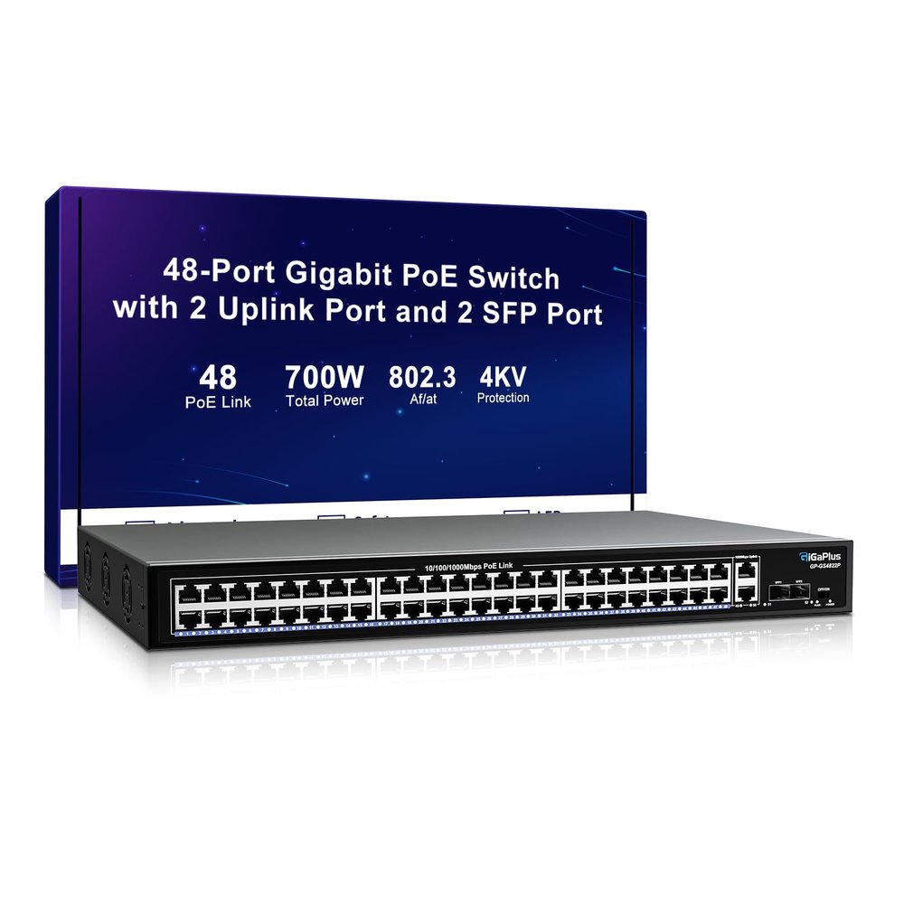 48 Port Gigabit PoE Switch with 2x1000Mbps Uplink, 2x1000Mbps SFP, GiGaPlus 48 Port IEEE802.3af/at PoE @700W, Support VLAN, Metal Housing, Desktop or Wall-Mount, Plug & Play