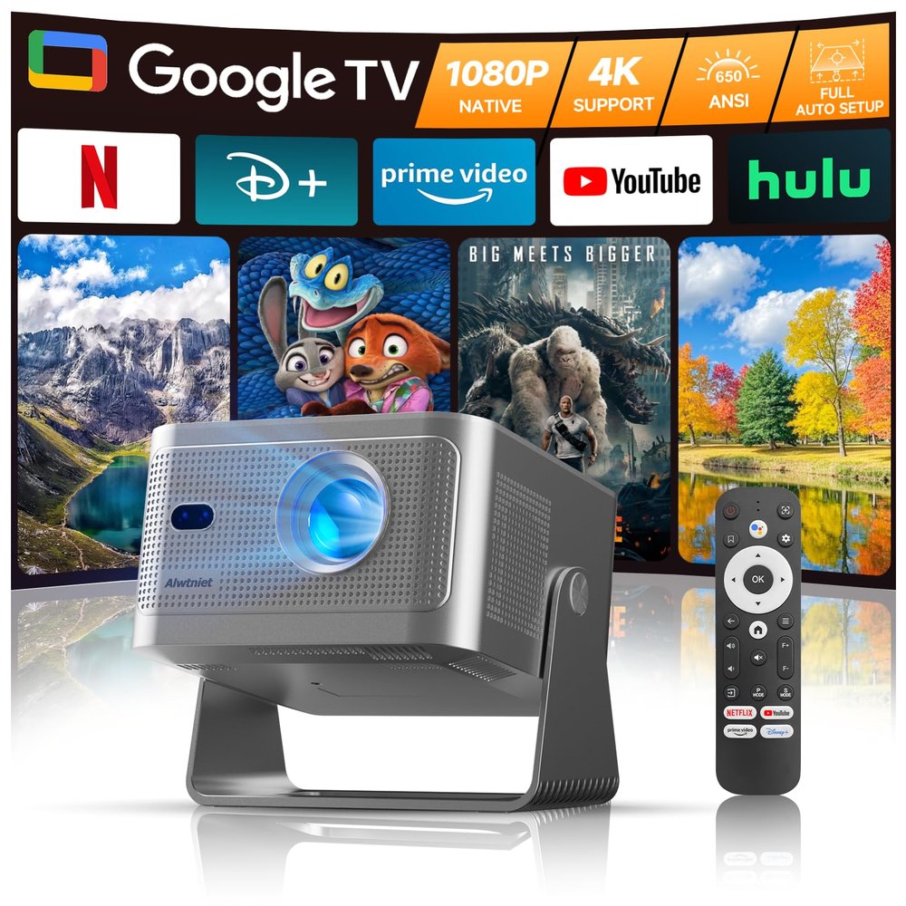 Smart Projector with Google TV, 4K Support Portable Mini Projector with Wifi and Bluetooth, Auto Focus & Obstacle Avoidance, TV Stick, 650 ANSI & Voice Control, HY350GT Home Theater Proyector Outdoor