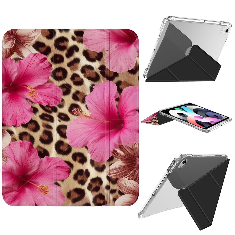AdorableWhimsy Hibiscus Flower Case for iPad Pro 4th/3rd/2nd Gen (2022/2021/2020) 11 Inch Animal Print Aesthetic Design Y-Shaped Detachable Leather Cover Clear Hard Back Foldable Case