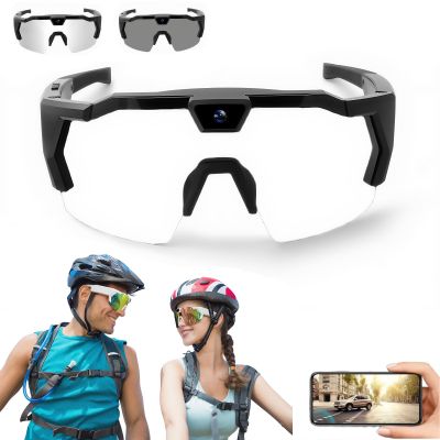 4K HD POV Sports Glasses with Camera, for Smart Camera Glasses for Action Sports, HD Video Recording Glasses (Transparent to Black Lenses,64G)