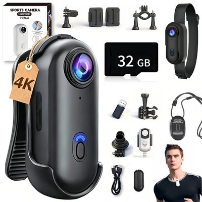 Crexyyo POV Capture Pro 3.0, POV Pro 4k Camera, New Ultra Wide Angle Wearable Body Adventure Action Cam, Video Record Night Vision Waterproof with 128g Card, for Cycling, Diving (Black 32GB, 4K)