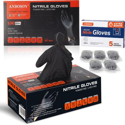 ANBOSON Black Nitrile Gloves Disposable 110 Count + 5 Travel Packs Included, 5 Mil Food Safe Gloves for Cooking, Food Prep & Household Cleaning, Latex Free Powder Free, Textured Grip, Large