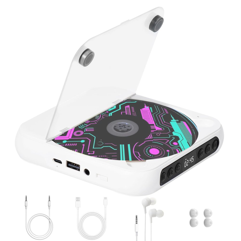 Portable CD Player with Bluetooth, Rechargeable CD Player for Car/Home, Small CD Players with Speakers & Headphones, Support CD/AUX/USB and Repeat Modes, Ideal for Audiobooks & Gifts (White)