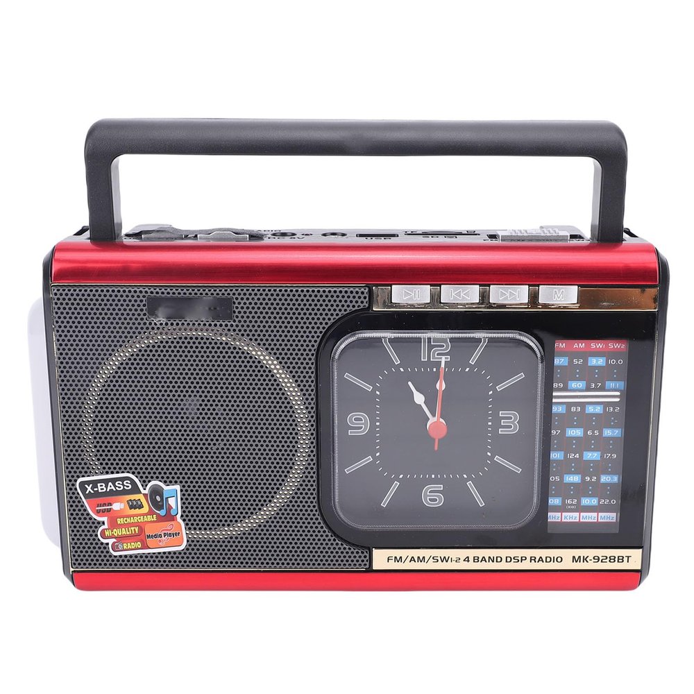 Yoidesu Retro Radio, Multifunctional AM FM SW Bluetooth Speaker with Clock and Flashlight, Portable Vintage Radios with Telescopic Antenna for Home and Office Use (Red)