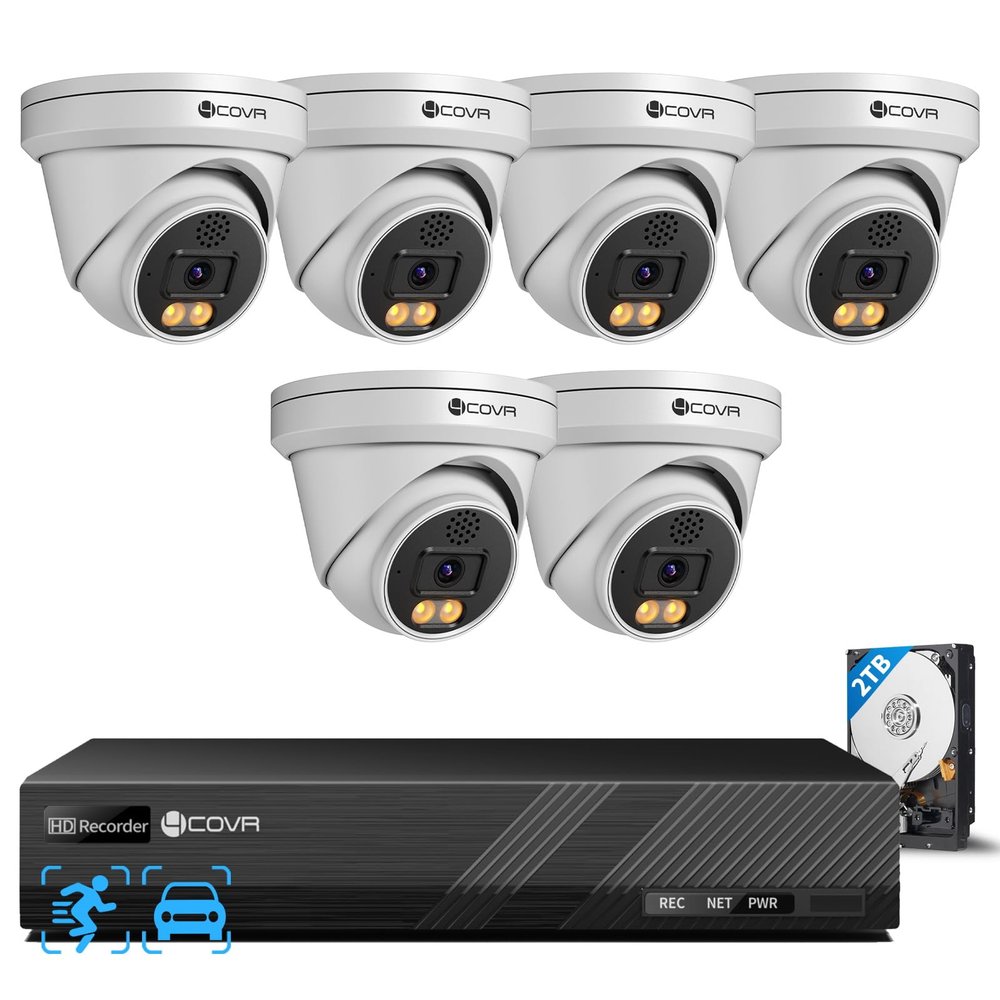 4COVR PoE Security Camera System, 2 Way Talking, Smart Color Night Vision, AI Human/Vehicle Detection, 8CH 8MP NVR with 2TB HDD, 6X 5MP Dome IP Cameras IP67 Outdoor, Remote Access, LY97KA5M0806-1