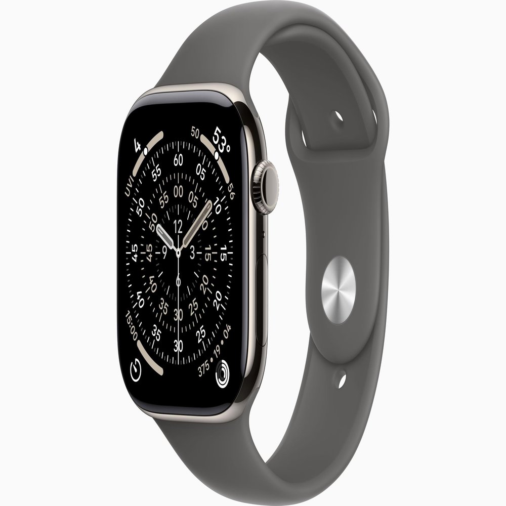 Apple Watch Series 11 [GPS + Cellular, 46mm] Natural Titanium Case with Stone Gray Sport Band, S/M (Renewed)