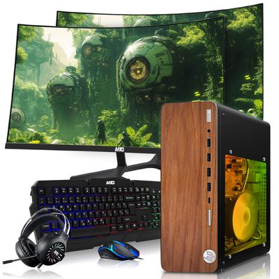 HP Full Dark Gaming PC Desktop Computer  AMD Pro A10-9700,RX 550 Graphics,8GB RAM,256GB SSD,Dual 32 Inch Curved Monitor,RGB Keyboard with AI Copilot,Mouse,WiFi,RGB Headphone,Windows 11(Renewed)