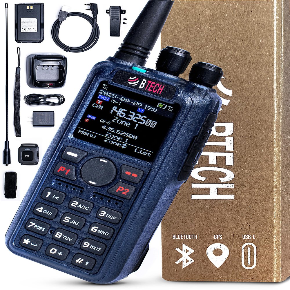 BTECH DA-7X2 Dual Band DMR Digital + Analog Handheld Radio, True Dual Receive VHF/UHF, 7W Peak, AM Airband (108136) + FM Broadcast RX, Cross-Band Repeater, Recording, Advanced Audio