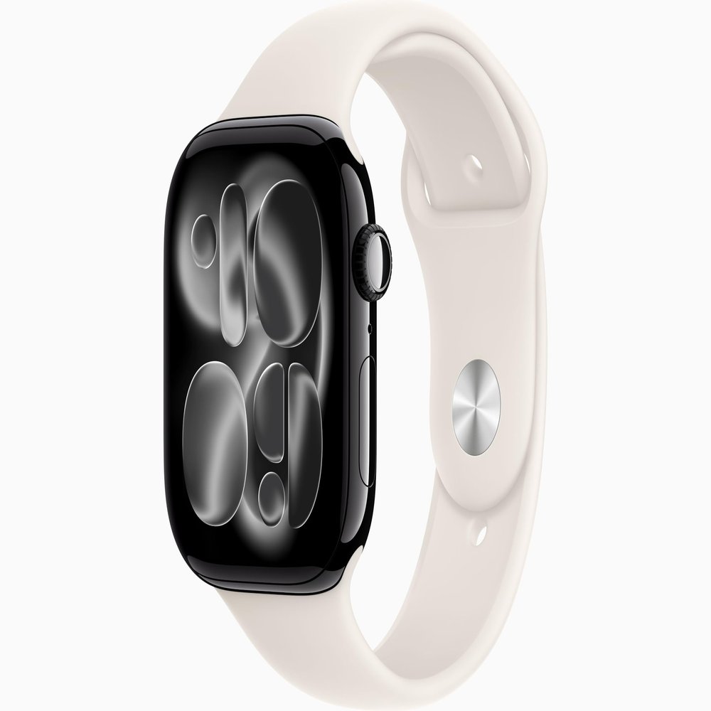 Apple Watch Series 11 [GPS + Cellular, 46mm] Jet Black Aluminum Case with Starlight Sport Band, S/M (Renewed)