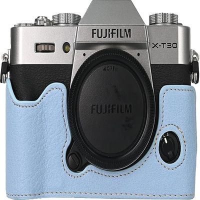 BMAOLLONGB X-T30 III Case, Handmade PU Litchi Leather Half Camera Case Bag Cover Bottom Opening Version for Fujifilm XT30 X-T30 III/II With Hand Strap (Blue)