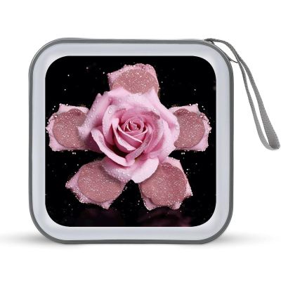 FodPand Glitter Pink Rose CD Case 40 Capacity DVD Case Hard Plastic Disc Booklet VCD Storage Box Portable Zipper DVD Holder Large Media Binder for Car Home Office Travel