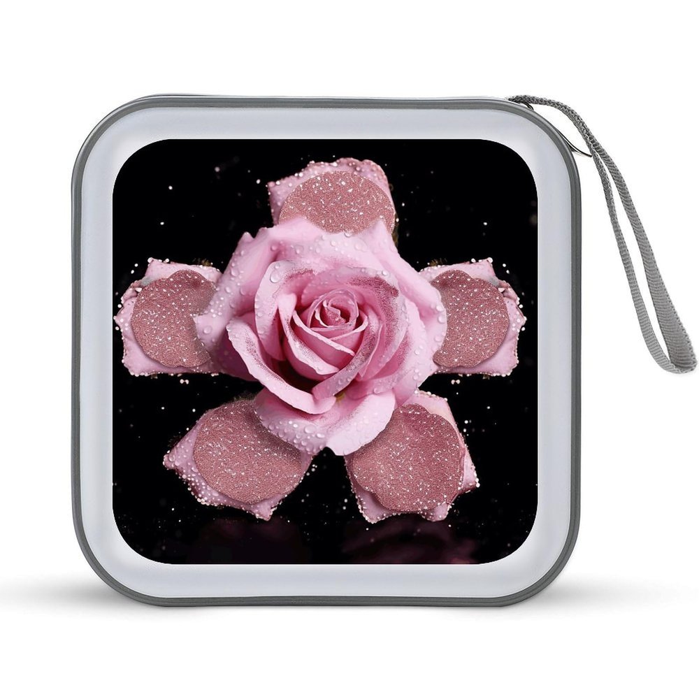 FodPand Glitter Pink Rose CD Case 40 Capacity DVD Case Hard Plastic Disc Booklet VCD Storage Box Portable Zipper DVD Holder Large Media Binder for Car Home Office Travel
