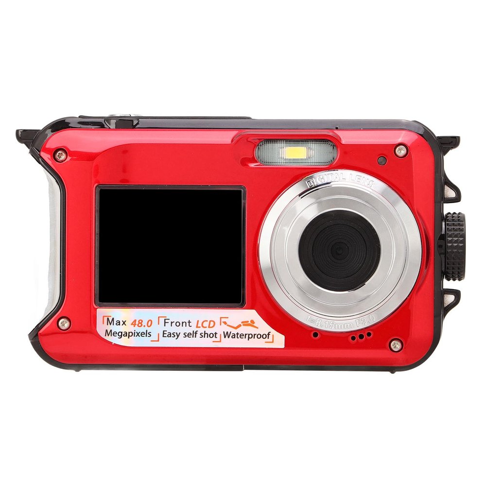 Xiuganpo Underwater Camera, 2.7K 48MP Water Digital Camera with 2.7 Inch Rear LCD Screen and 1.8 Inch Front Screen, Video Recorder for Snorkeling Swimming and Outdoor Adventures (Red)