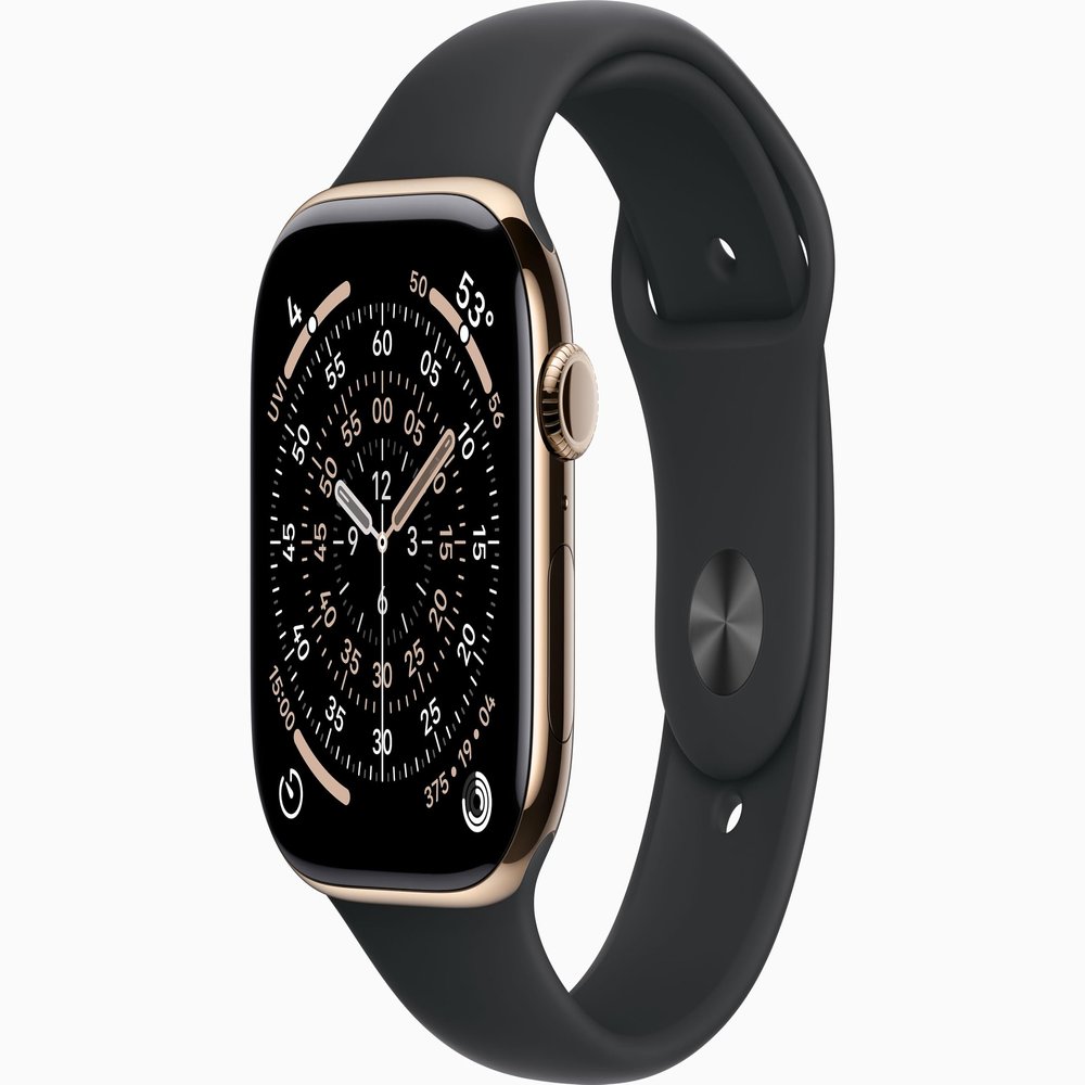 Apple Watch Series 11 [GPS + Cellular, 46mm] Gold Titanium Case with Black Sport Band, M/L (Renewed)