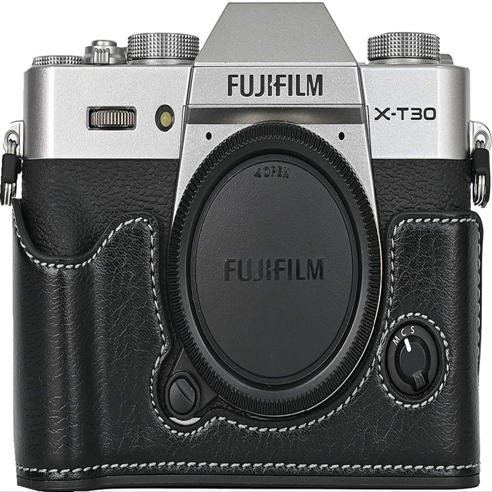 BMAOLLONGB X-T30 III/II Case, Handmade PU Leather Half Camera Case Bag Cover Bottom Opening Version for Fujifilm XT30 X-T30 III/II With Neck Strap Mini Box (Black)