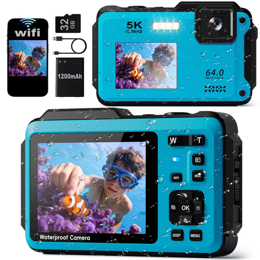 5K Underwater Digital Camera,64MP Waterproof Camera,16FT Floating Camera for Snorkeling,Scuba Diving,Surfing,Swimming & Kayaking,Autofocus,Dual-Screen,16X Zoom,Fill Light,32GB Card,Type-C Rechargeable