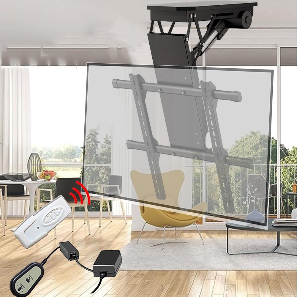 Electric TV Ceiling Mount - Motorized TV Lift for 50-70 inch TVs, Remote-Controlled Fold-Down TV Mount, 0-85 Adjustable Viewing Angle, Fits Black 5075 Inch TVs