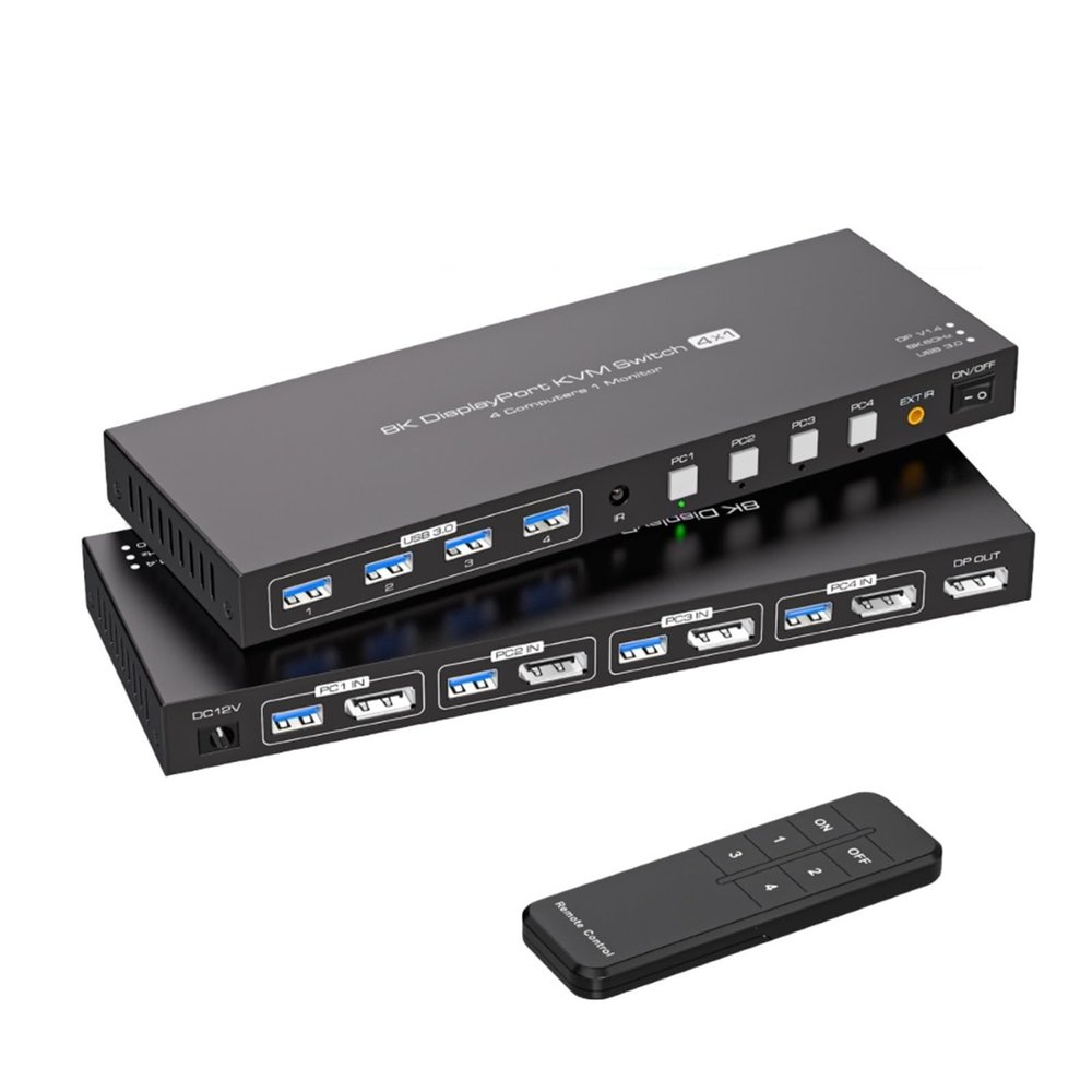 L6AS0F7 8K@60Hz Displayport KVM Switch 1 Monitors 4 Computers, 4K@144Hz Port DP USB 3.0 for PC Share Keyboard Mouse(US Power Plug)