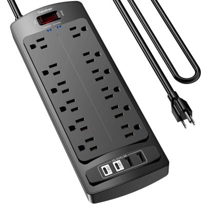 6 Ft Extension Cord Power Strip, Teiobar Surge Protector with 12 AC Outlets and 4 USB Ports for Home, Office, Dorm Essentials, 1875W/15A, 2700 Joules, ETL Listed, Black