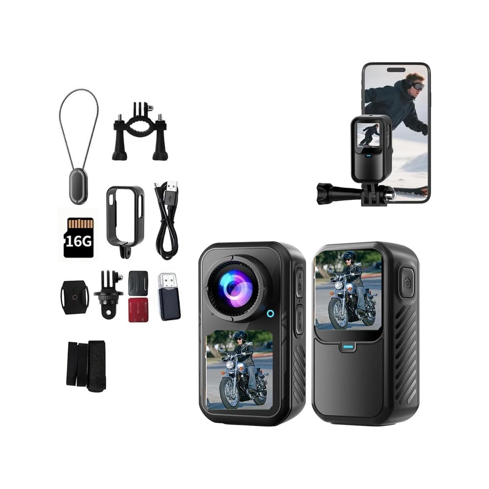 Mini Dual Screen Sports Camera,1080P Thumb Action Camera,Wearable on Chest for POV Shooting with EIS Stabilization,WiFi Remote Control 130Wide for Running Cycling Swimming Hiking Adventures (16GB)