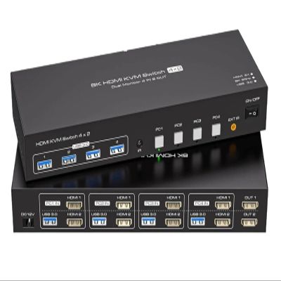 L6AS0F7 8K HDMI KVM Switch 2 Monitors 4 Computers 4K 144Hz Dual Display 4x2 USB 3.0 for PC Share Keyboard Mouse(EU Power Plug)