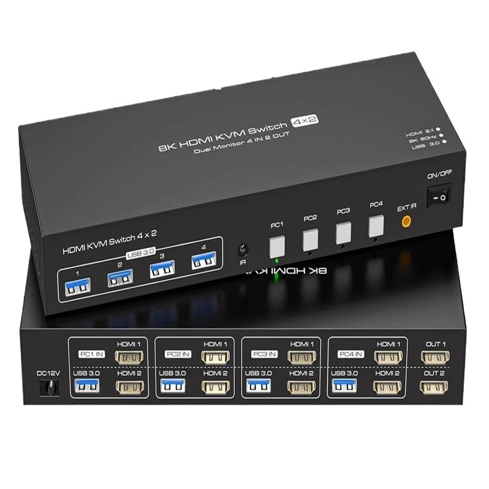 L6AS0F7 8K HDMI KVM Switch 2 Monitors 4 Computers 4K 144Hz Dual Display 4x2 USB 3.0 for PC Share Keyboard Mouse(EU Power Plug)