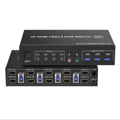 L6AS0F7 4 Port HDMI USB 3.0 KVM Switch 4X2 Dual Monitor 4K@60Hz Extended Display DP in 2 Out for PC Share Keyboard Mouse(ZY-AHD42U,US Power Plug)