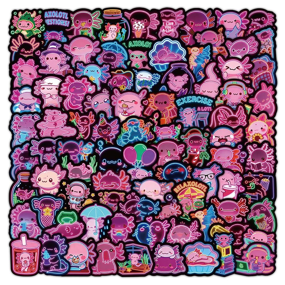 120PCS Neon Axolotl Stickers, Cute Cartoon Vinyl Salamander Stickers for Laptop, Water Bottle - Waterproof Pink Animal Decals, Axolotls Gifts for Kids, Teens & Adults
