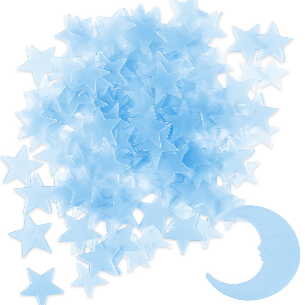 100 Stars & 1 Moon Blue Glow in the Dark Stars, Blue Glowing Wall Stickers with Adhesive Pads, Plastic Luminous Fluorescent 3D Glowing Star for Kids Room Decor