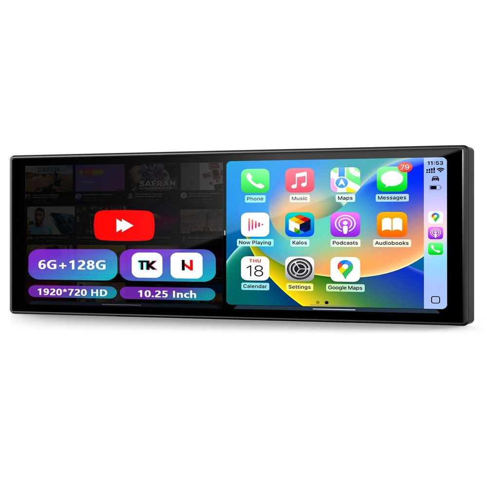 10.25 CarPlay Screen for Car Dash Cam, Android Auto Screen with Apps, Dual HD Cam & Backup Camera, Portable 6GB+128GB Car Tablet with Wireless Apple CarPlay & Android Auto, Bluetooth for All vehicles