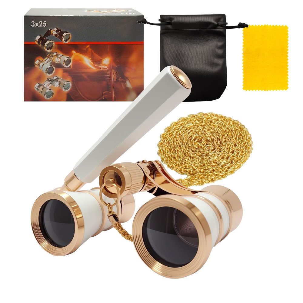3X25 Opera Glasses Theater Binoculars with Handle and Chain, White
