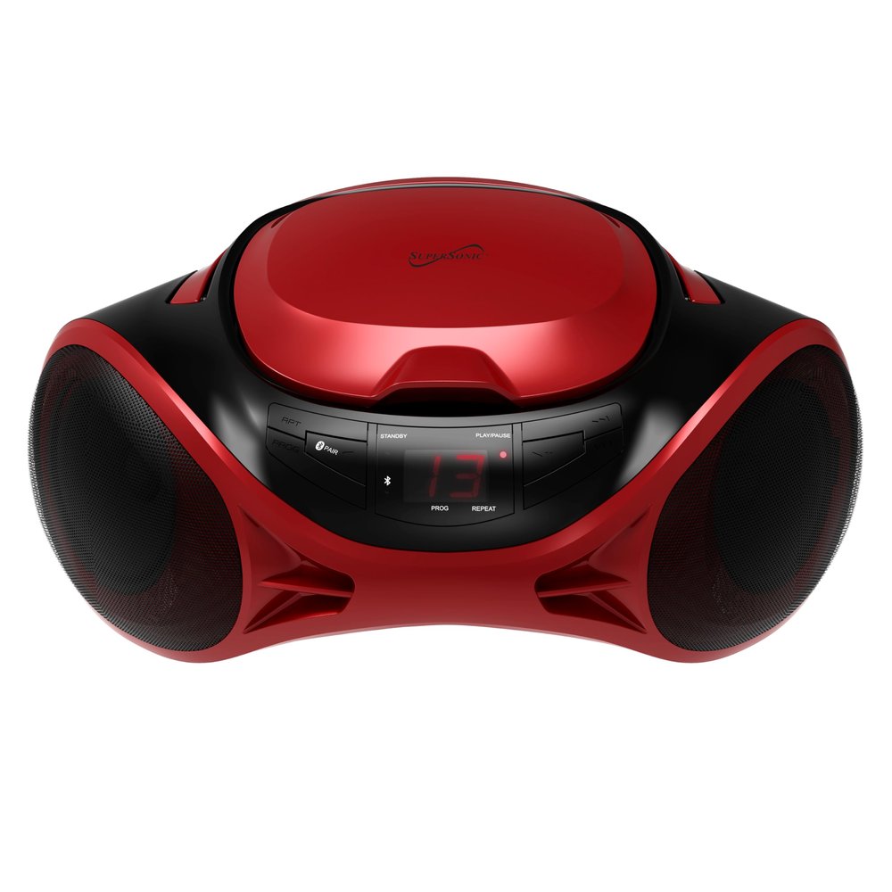 Supersonic SC-726BT Portable AM/FM Radio Top-Loading CD Player with Bluetooth, LED Track Display, Aux Input, Carry Handle, Built-in Speaker, Programmable Memory, Repeat Modes, AC/DC (Red)