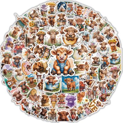 100PCS Highland Cow Stickers - Cute Cartoon Farm Animal Waterproof Vinyl Decals for Laptop, Water Bottle, Scrapbooking, Journals, and Daily Decoration