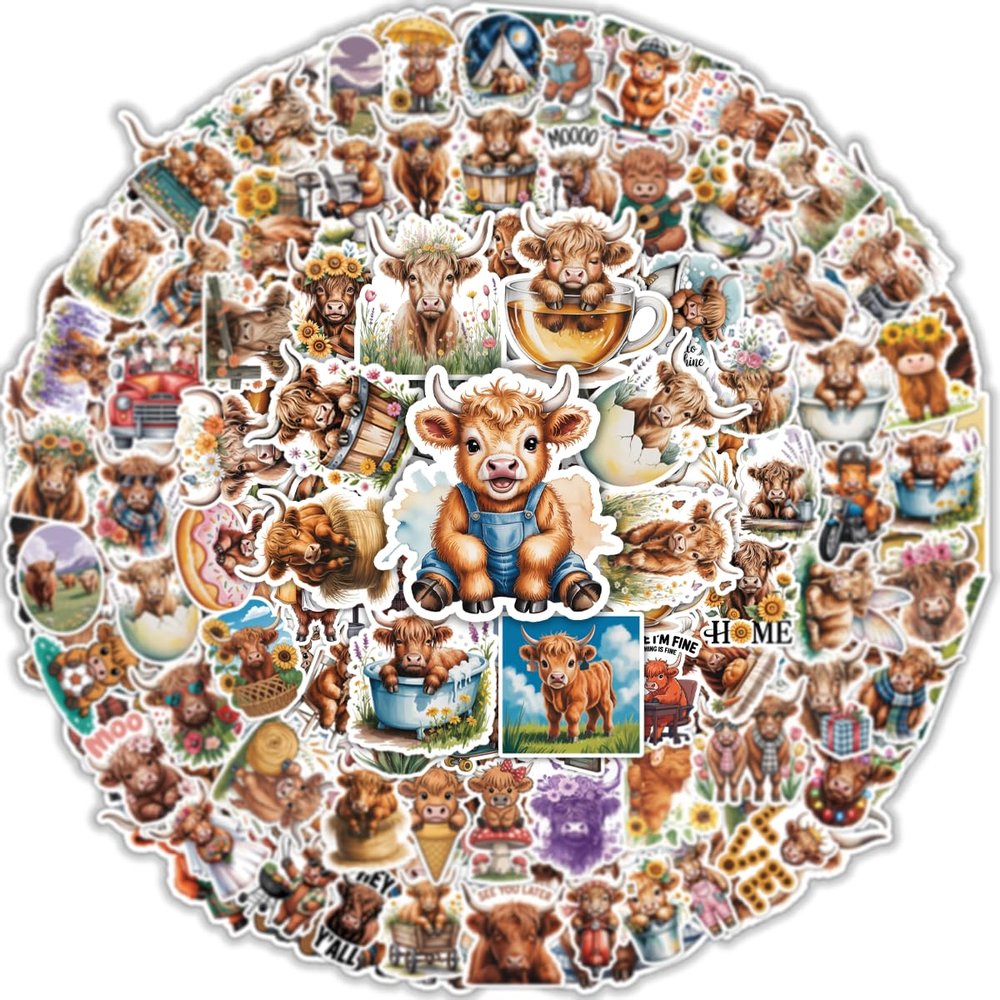 100PCS Highland Cow Stickers - Cute Cartoon Farm Animal Waterproof Vinyl Decals for Laptop, Water Bottle, Scrapbooking, Journals, and Daily Decoration