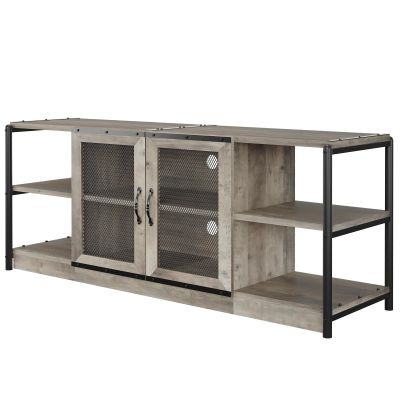 63" Farmhouse TV Stand with Storage, Rustic TV Table for 65 Inch TV, 3-Tier MDF & Metal Entertainment Center with Open Shelves and Cabinet Doors, Gray Media Console for Living Room and Bedroom