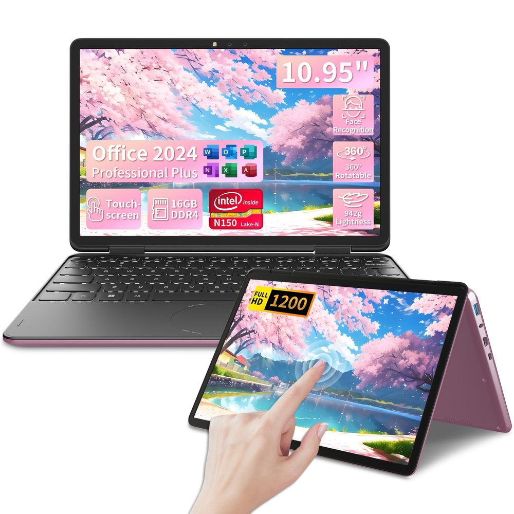 BINHENGLON 11" 2-in-1 Touchscreen Laptop, N150 Laptops,16GB RAM,FHD 1920 * 1200 IPS,Win 11 Pro PC,Backlit Keyboard, WiFi,USB-C,HDMI,Oval Trackpad,Computer(Rose Gold, 16G+512GB SSD).