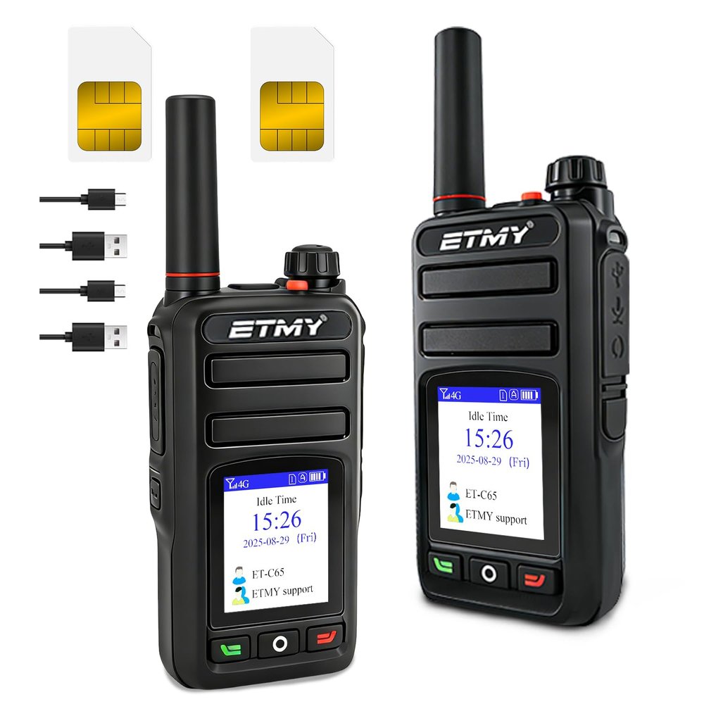 ETMY C65 Nationwide Walkie Talkies Unlimited Range, 4G LTE PoC Two Way Radios, 2 Pack with SIM Cards, No Monthly Fee, Remote System Refresh Support for Construction and Logistics