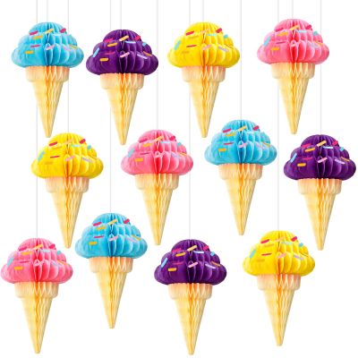 Gueevin 12 Pcs Ice Cream Party Decorations Summer Ice Cream Hanging Honeycomb Balls Decor Tissue Paper Hanging Ceiling Decor for Sweet Party Home Birthday Baby Shower Favor