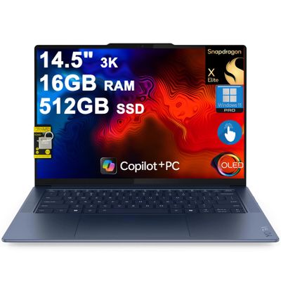 Lenovo Yoga Slim 7 Laptop 14.5" 3K OLED Touch (100% DCI-P3 1000nits HDR Peak) Qualcomm 12-core Snapdragon X Elite (Up to 45 Tops) 16GB RAM 512GB SSD for Creator Business Win11Pro ICP Hub Copilot AI