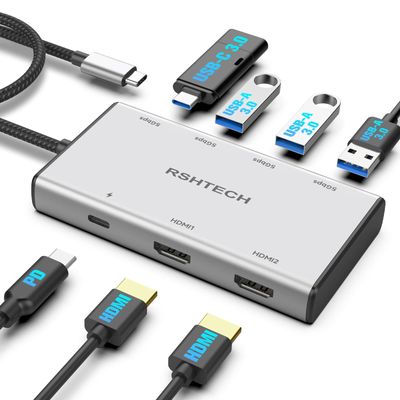 RSHTECH 7-in-1 USB C Hub Multiport Adapter with 2x4K@60Hz HDMI, USB-3.0 Data Ports(3A+1C), 100W PD, Aluminum USB-C Docking Station Dual Monitor for Laptops and MacBook