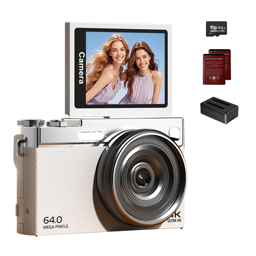 4K Digital Camera for Photography with Dual Lens, 64MP Autofocus Vlogging Camera for YouTube, 180 Flip Screen Compact Point and Shoot Camera for Beginners, 64GB Card, 2 Batteries & Charger, White