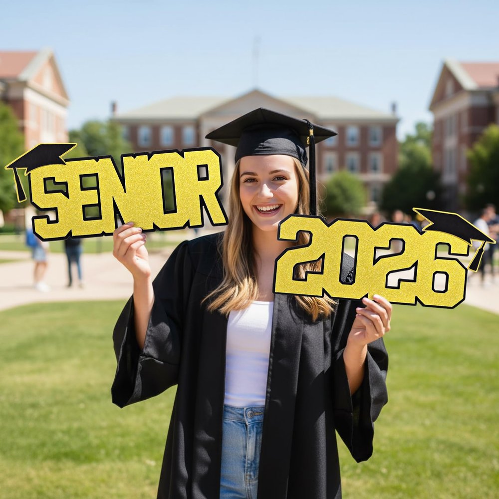 Xuhal 2 Pcs 2026 Senior Sign Glitter Senior 2026 Photo Props Glitter 3D Graduation Decorations Grad Night Party Photoshoot Supplies High School Graduate Decorations(Gold Black)