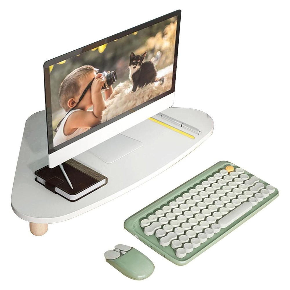 Triangular Monitor Stand 3.1" Height - Stylish Desktop Riser for Laptops, Printers & Displays - Space-Saving Storage Rack (White)