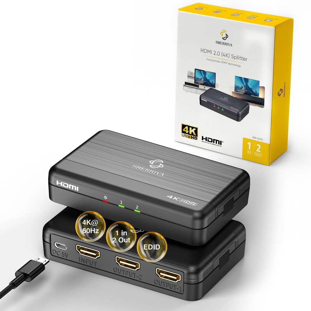 4K HDMI Splitter 1 in 2 Out (Mirror Only) HDMI 2.0 4K@60Hz, 1080p@240Hz, Auto Downscaling, Smart Power Detection, 18Gbps, HDCP 2.2, Duplicate Screens for Dual Monitors, TV, PS5, Xbox