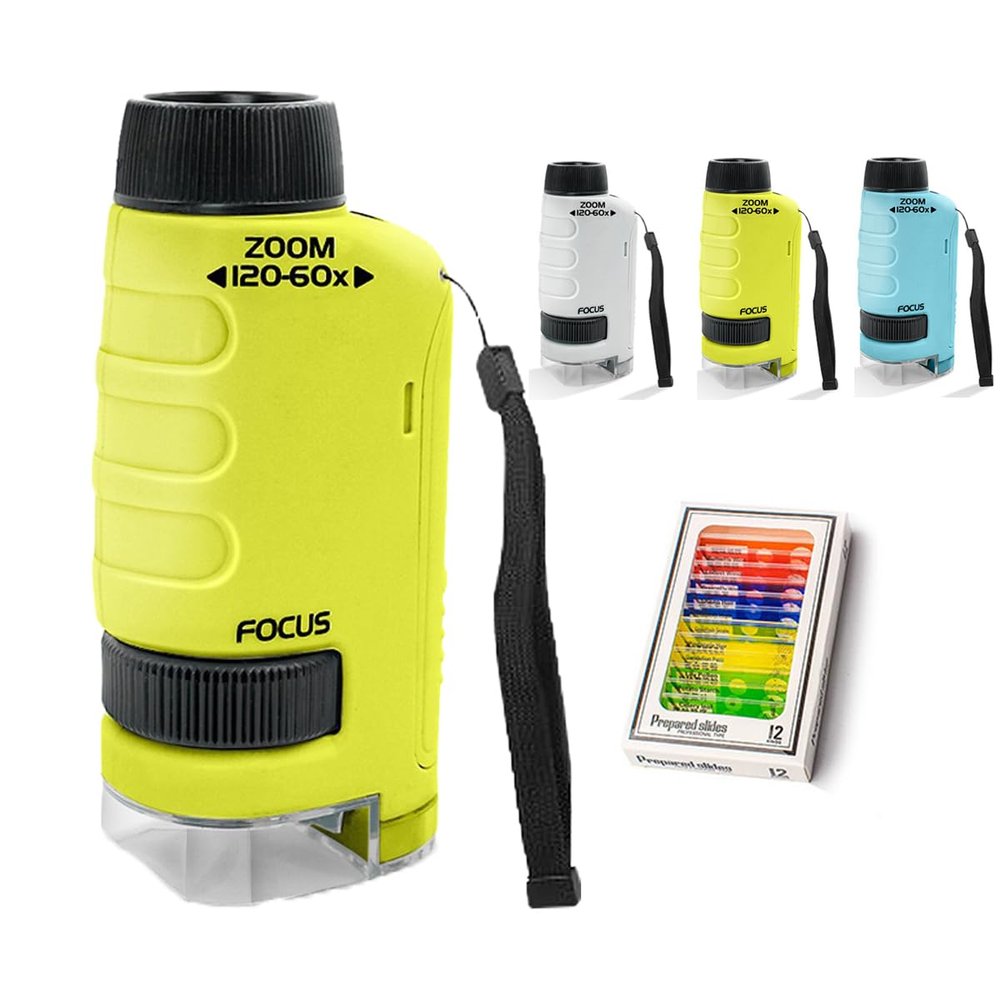 New Mini Portable Microscope Handheld,60x120x Magnification,Includes 12 Pre-Prepared Biological Slides and LED Light,Ideal for Science Experiments,Classroom Learning,and Nature Observation (Yellow)