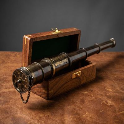 Antique Brass Telescope with Compass and Wooden Box, Vintage Style Handheld Pirate Telescope with Engraved Compass, Decorative Brass Captain's with Wood Casing