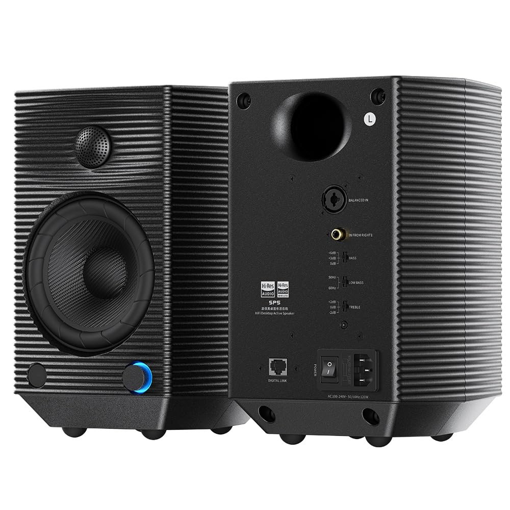 FiiO SP5 Active Studio Monitor Speakers, 5.25 2-Way Aluminum Bookshelf Speakers with XLR Balanced Input, 120W Power, LDAC Bluetooth, App Control for Home & Studio (Black)