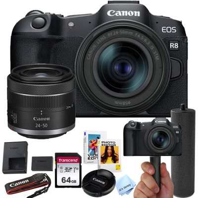 Canon EOS R8 24.2MP Full-Frame CMOS Sensor Mirrorless Camera with 24-50mm Lens + 64GB Memory + Stabilizing Grip + Software Pack +More (Value Bundle) (Renewed)