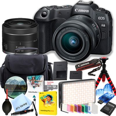 Canon EOS R8 24.2MP Full-Frame CMOS Sensor Mirrorless Camera with 24-50mm Lens + 64GB Memory, LED Video Light, Filter, Tripod and More (Renewed)